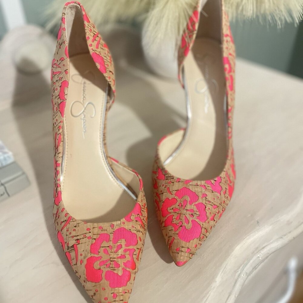 Jessica Simpson Pumps Heels Floral Cork Pink Fabric - Picture 3 of 7